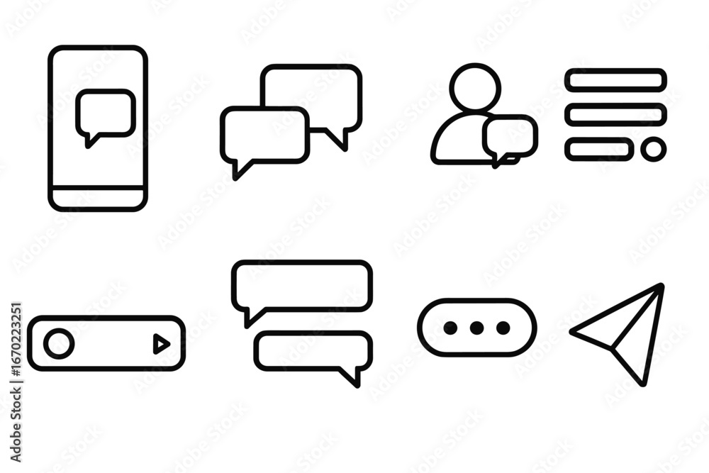 Poster vector outline icon set showcasing various communication symbols for digital interactions and inform