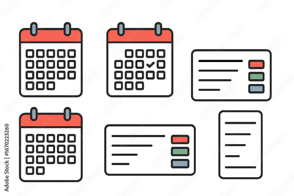 Poster vector outline icon set featuring various calendar designs and checklist elements for digital planni