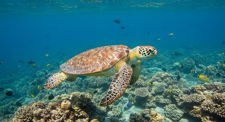 Sea turtle swimming over coral reef