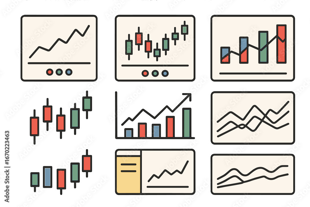 Poster vector outline icon set featuring various styles of financial charts and graphs displayed on screens