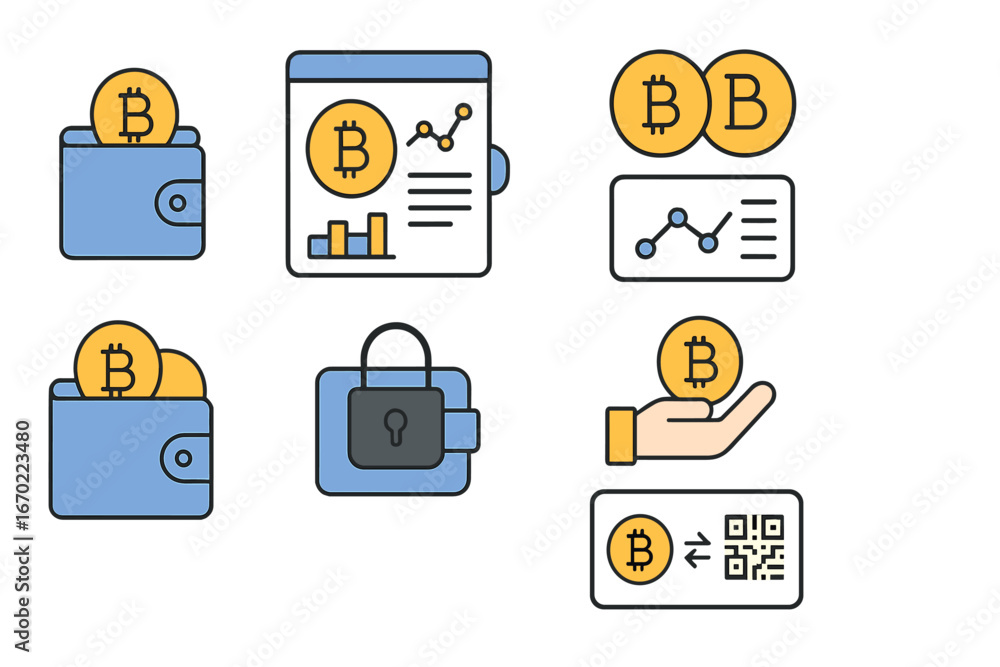 Poster vector outline icon set representing cryptocurrency concepts including wallets, charts, and transact