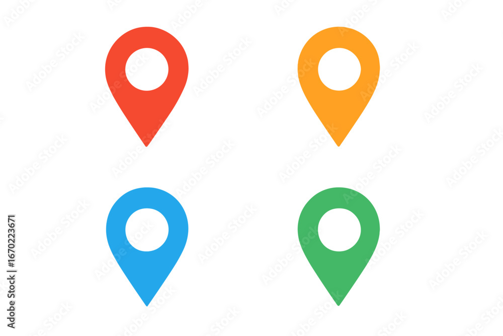 Poster vector outline icon set featuring colorful location markers designed for various mapping and navigat