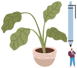 Large potted plant with wavy green leaves, oversized pen, and a suited man holding a notebook. Ideal for growth, creativity, scale, ideas, business nature productivity. Simple flat metaphor