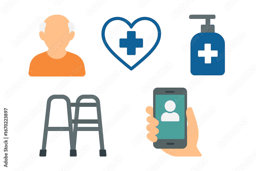 Poster vector outline icon set featuring healthcare and elder care symbols for easy identification and usag