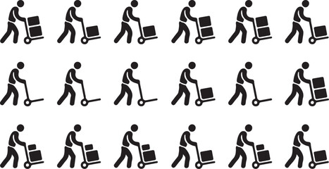 Silhouetted stick figures carrying and moving boxes icon set