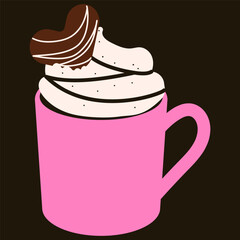 Mug with hot cocoa or coffee with chocolate heart. Hand drawn vector illustration.