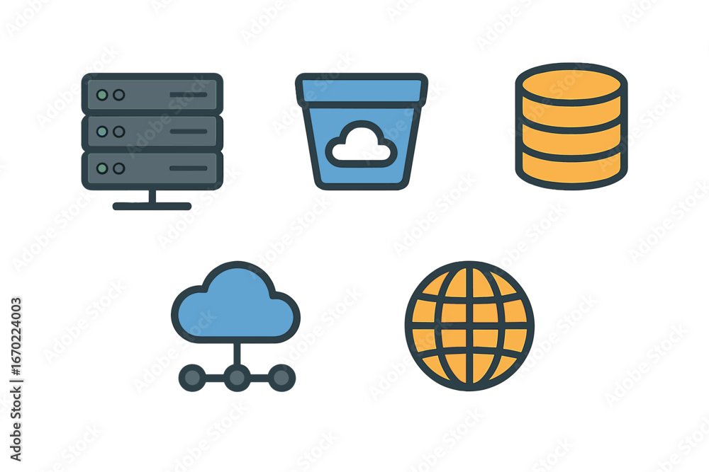 Poster vector outline icon set featuring cloud storage, servers, and data management symbols for digital ap