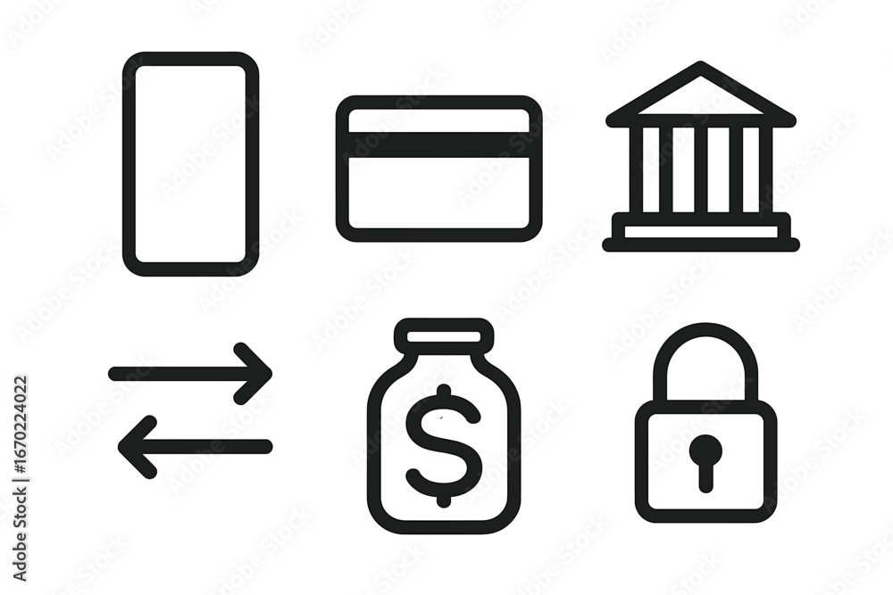Aufkleber vector outline icon set featuring banking and financial symbols with simple design elements for vari