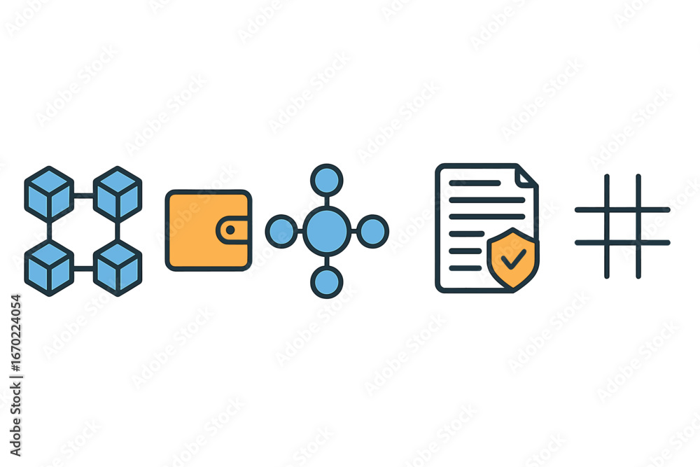 Poster blockchain icons for digital transactions and security