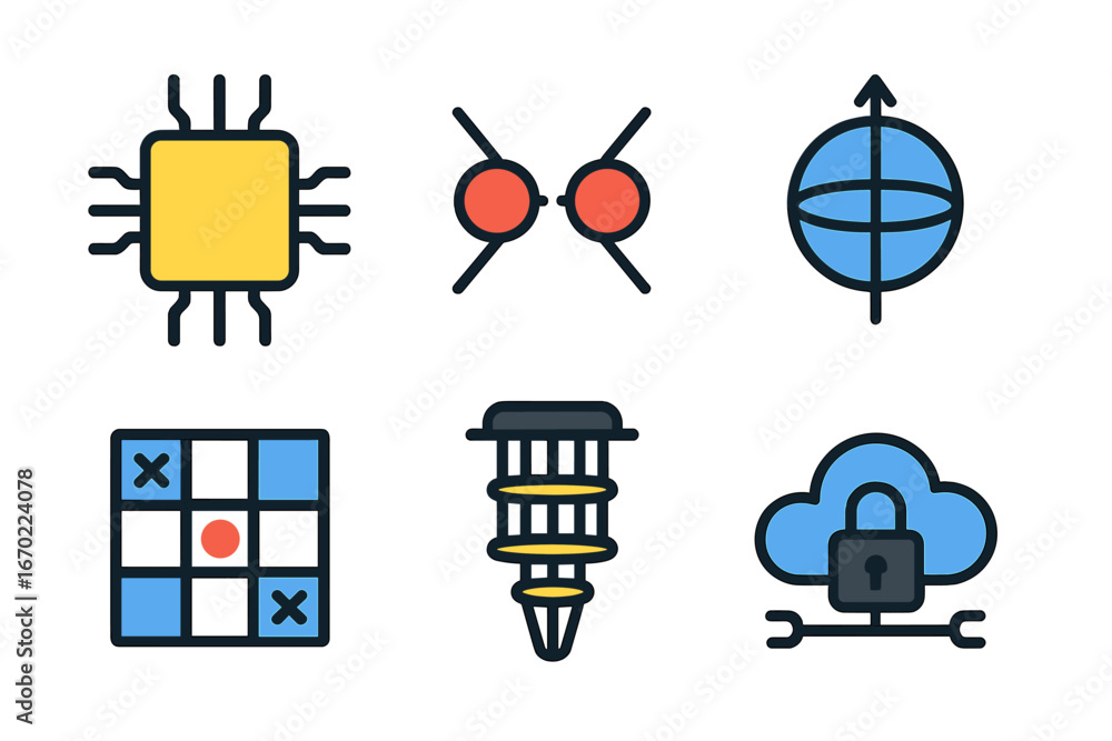 Poster vector outline icon set depicting technology, science, and security for digital design projects