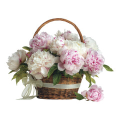 Beautiful Elegant Peony Flower Arrangement in Basket in Transparent Background