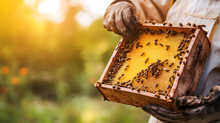 Beekeeper holding honeycomb frame with bees, natural outdoor setting, sunlight, agriculture, protective gloves, summer