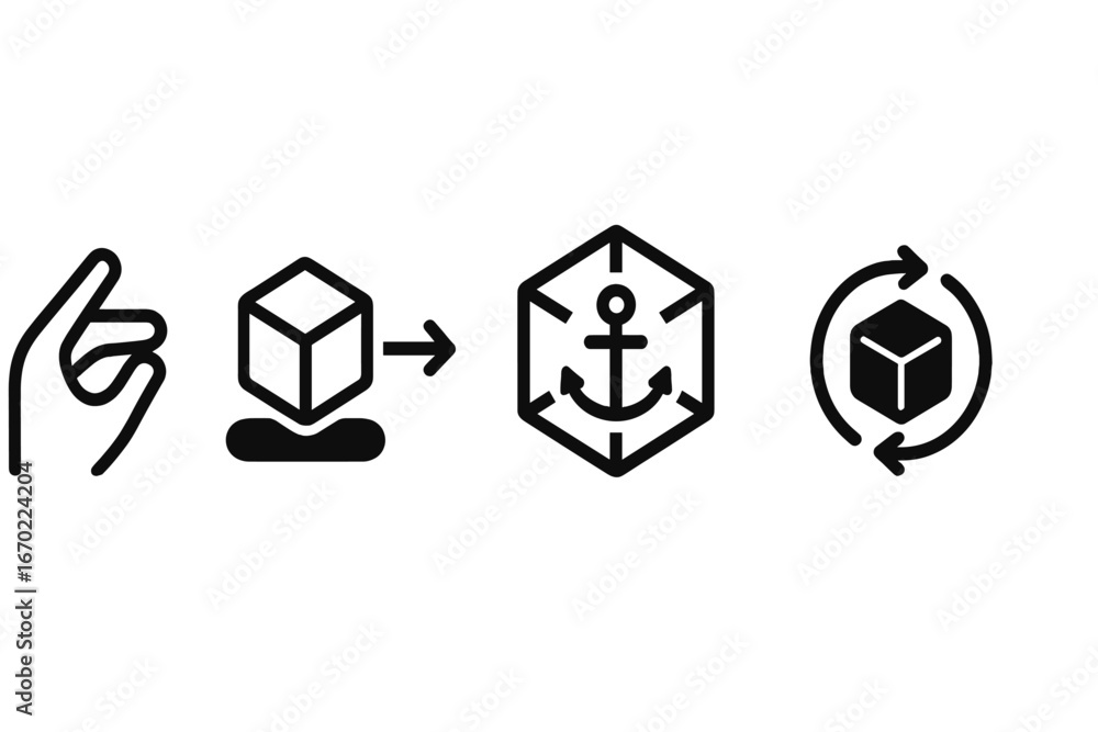 Poster vector outline icon set depicting actions related to packaging, shipping, and product handling in a 