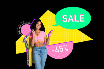 Creative 3d full art image collage of happy american girl hold wardrobe point sale bubble...