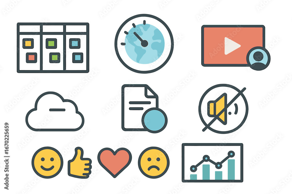 Poster digital icons representing various online activities and data analysis