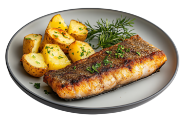 Grilled fish fillet served with roasted potatoes and herbs on a plate.