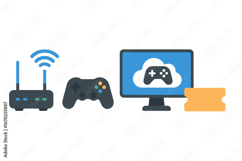 Aufkleber gaming setup with router, console controller, and computer display