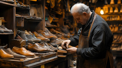 Elderly shoemaker repairing leather shoes in small nostalgic workshop, surrounded by vintage footwear, focused and skilled craftsmanship