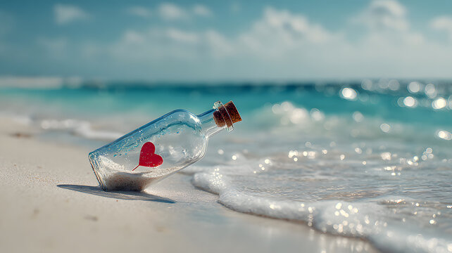 Romantic message in a bottle washes ashore on white sand beach, love awaits