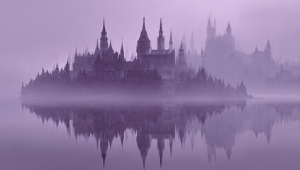 Misty purple castle city reflected on still water