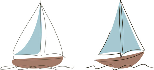Simple and creative vector illustration of two sailboats on a tranquil body of water with blue sails and a brown hull.