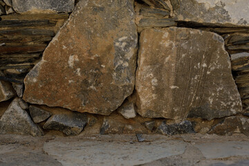 High-resolution image of a rustic brown stone wall, perfect for backgrounds and textures.  Ideal for construction, design, and nature projects.