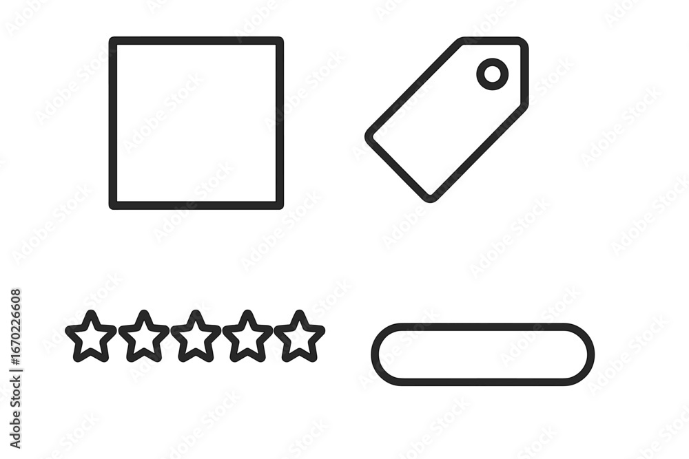 Poster vector outline icon set showcasing basic shapes, rating stars, and a tag design suitable for digital