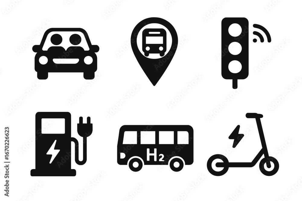 Poster clean transportation vector outline icon set featuring various modes and technologies