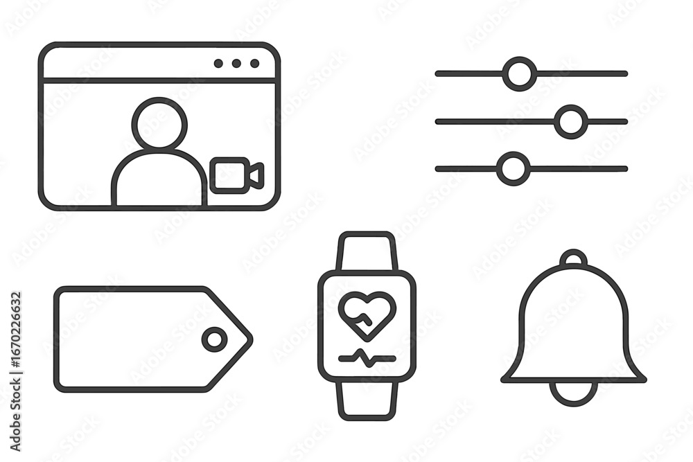 Poster vector outline icon set featuring various technology and health-related symbols for modern applicati