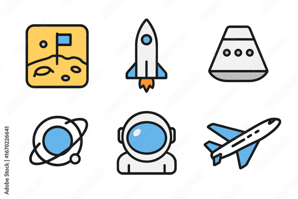 Poster vector outline icon set depicting space exploration elements including rockets, astronauts, and cele