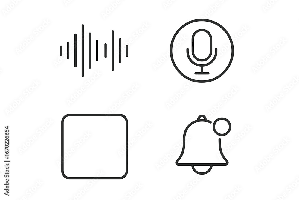 Poster vector outline icon set featuring sound waves, microphone, blank square, and notification bell for v