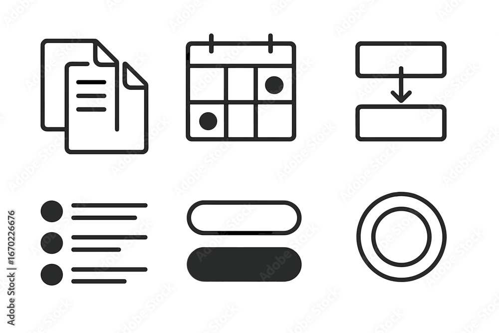 Poster vector outline icon set featuring documents, calendar, workflow, buttons, and lists for user interfa