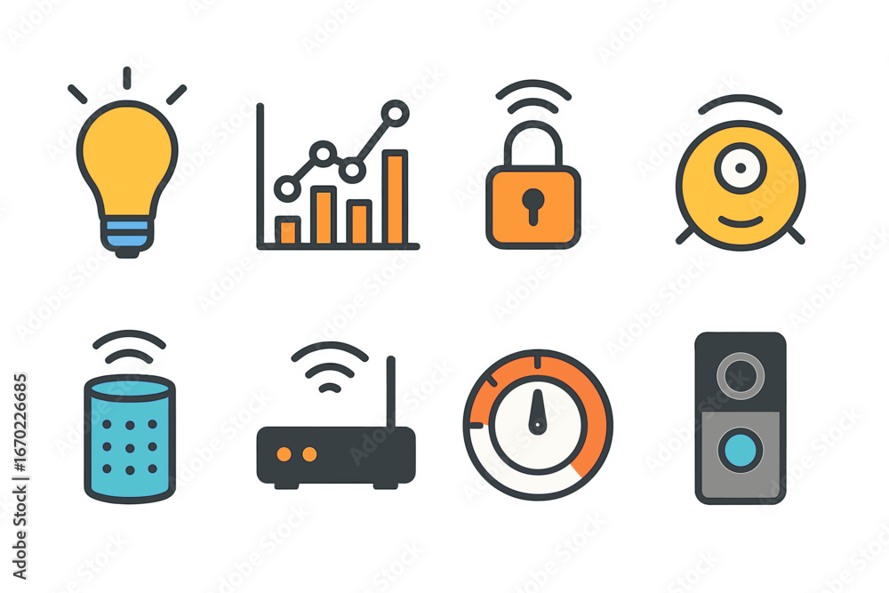 Poster vector outline icon set featuring smart home technology elements and data visualization tools for mo