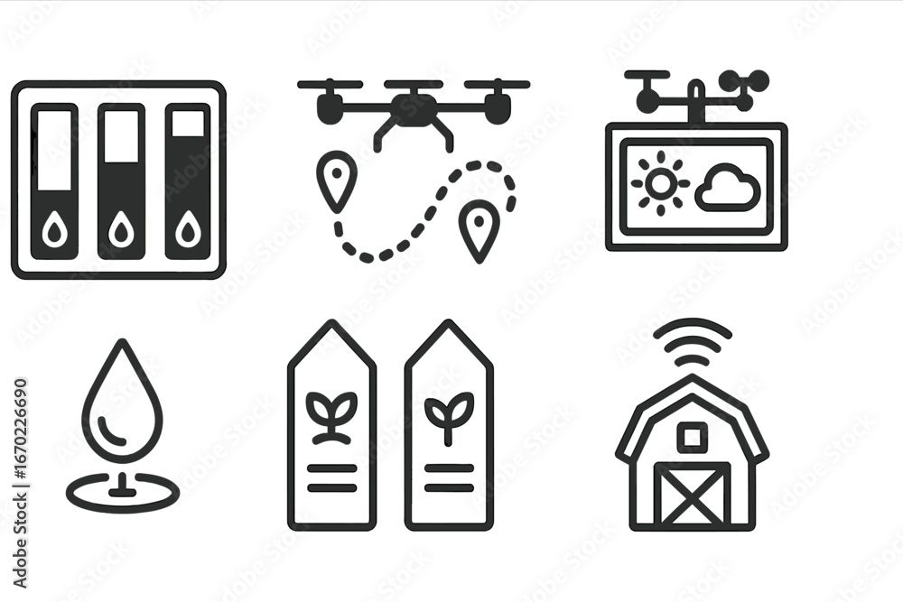 Poster vector outline icon set showcasing agricultural technology, data analysis, and weather monitoring in