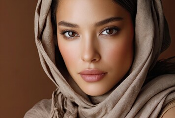Fototapeta premium a beautiful woman with sleek hair, draped in a flowing beige fabric that gracefully surrounds her form. the neutral and earthy brown background