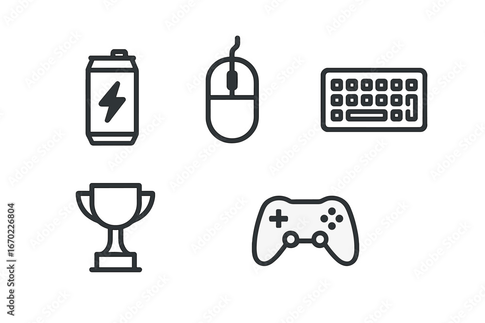 Poster vector outline icon set featuring gaming elements, electronics, and accessories designed for digital