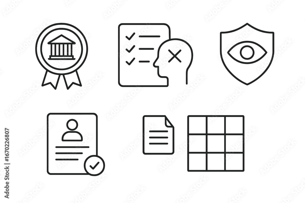 Poster vector outline icon set featuring various symbols for certification, evaluation, security, and docum