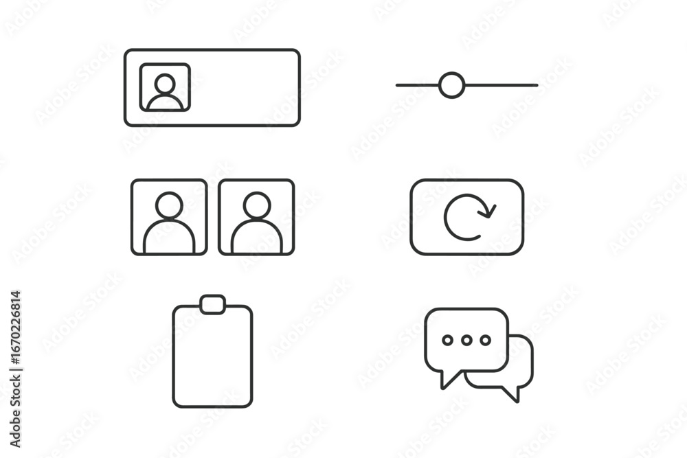 Poster vector outline icon set featuring user profiles, sliders, refresh symbols, and chat bubbles for ui d