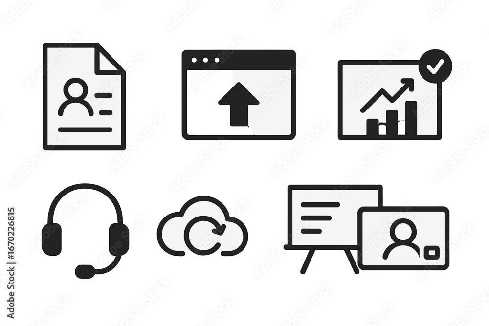 Poster vector outline icon set showcasing various digital tools for communication, data analysis, and prese