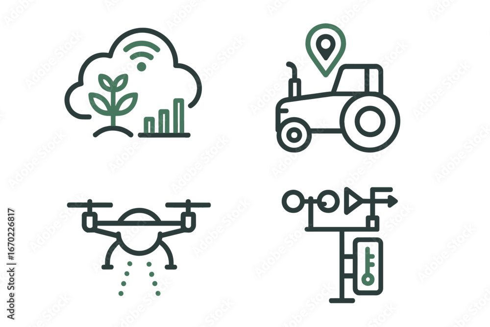 Aufkleber vector outline icon set representing modern agriculture technologies and data analytics in farming p