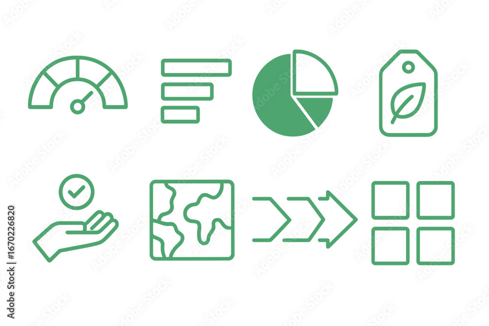 Aufkleber vector outline icon set representing various concepts including measurement, data visualization, and