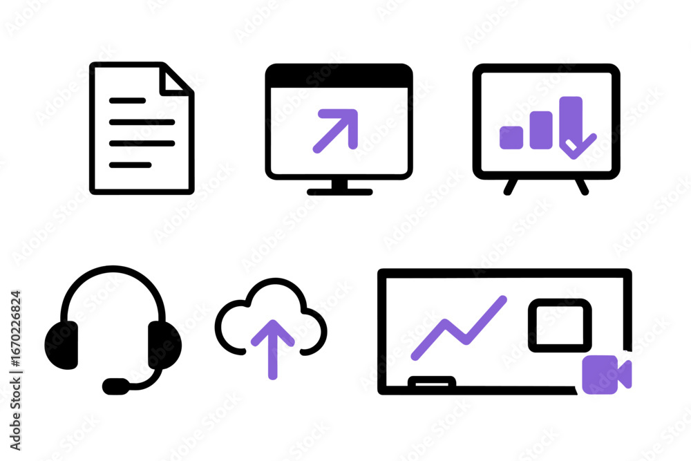 Poster vector outline icon set featuring computer graphics, documents, analytics, and communication element