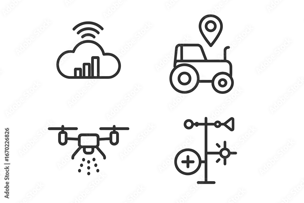 Aufkleber vector outline icon set showcasing agriculture technology concepts with cloud computing, drone usage