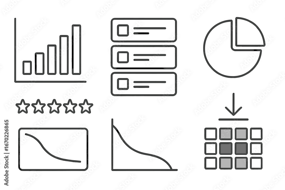 Poster vector outline icon set featuring graphs, pie charts, and user ratings for data visualization and an