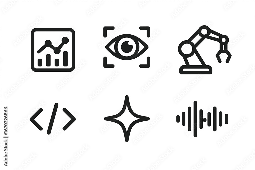 Poster vector outline icon set featuring analytics, vision, robotics, coding, design, and sound elements fo
