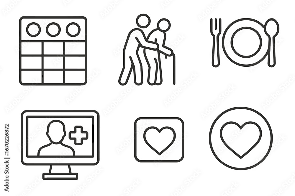 Poster vector outline icon set featuring various elements related to caregiving and health