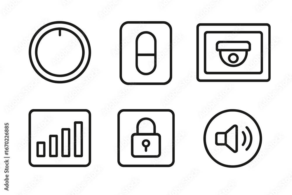 Poster vector outline icons depicting various technology and security concepts for digital applications and