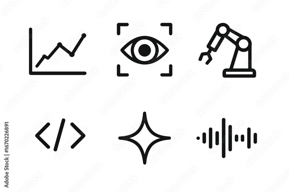 Poster vector outline icon set depicting various technology and analytics concepts including graph, eye, ro