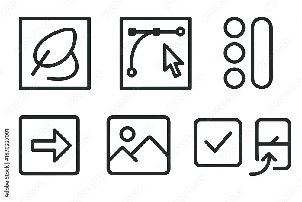 Poster vector outline icon set showcasing various design elements and user interaction symbols for digital 
