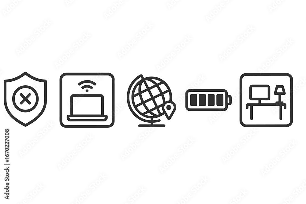 Poster vector outline icon set displaying security, technology, and workspace elements for digital and remo